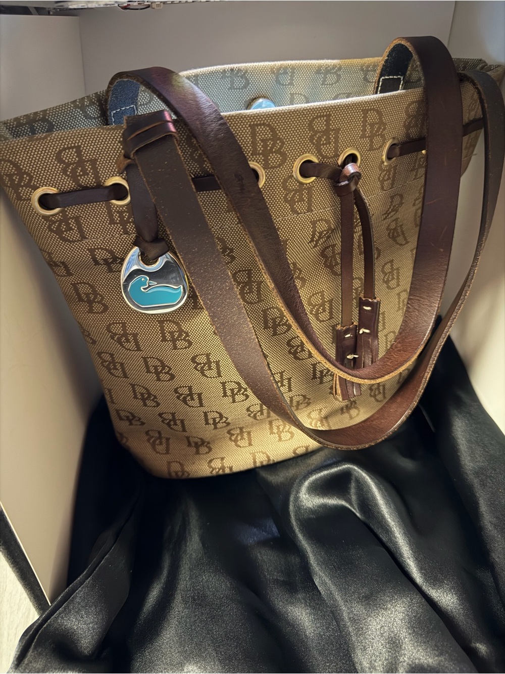 Vintage Dooney & Bourke Signature Monogram Bucket Bag, Teal Duck Fob, Made in US
